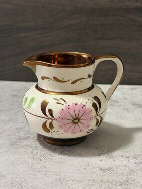 Vintage Old Castle Copper Lusterware Hand Painted Pink Floral 3.5" Creamer UK